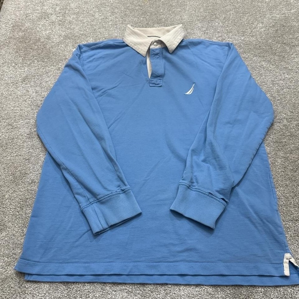 Nautica Blue Long Sleeve Polo Shirt White Collar Medium Classic Sailing Style